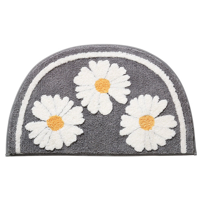 Semicircle Daisy Bath Mat, Sweet Home Bathroom Mat, White Yellow Flower Bath Rug