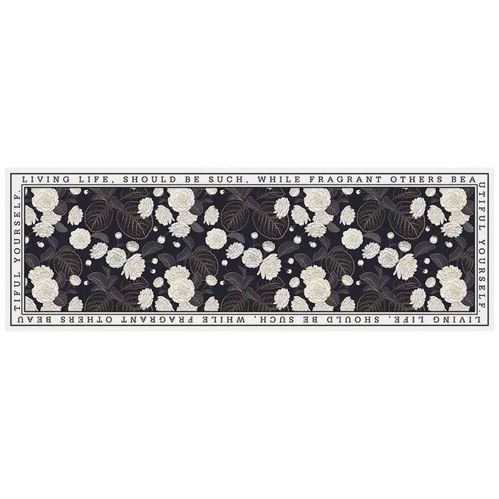 Feblilac Black and White Flower Leave PVC Leather Kitchen Mat