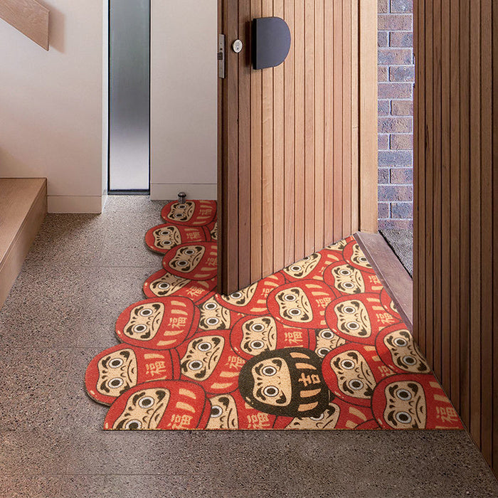 Japanese Style PVC Entrance Door Mat, Red Black Daruma Mat for Front Door Patio, Cute Home Decor