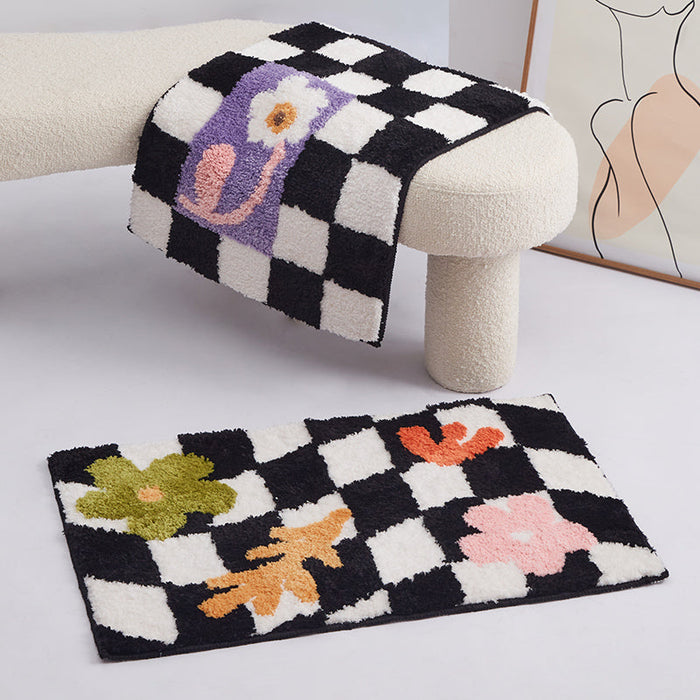 Black and White Checkerboard Bath Mat, Blue Flower Bathroom Rug, Soft Plush Water-Absorbent