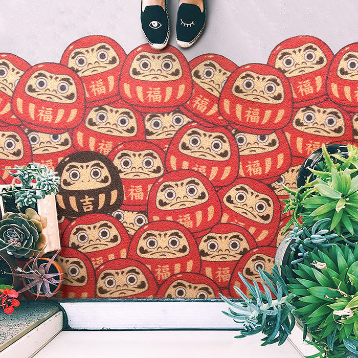 Japanese Style PVC Entrance Door Mat, Red Black Daruma Mat for Front Door Patio, Cute Home Decor