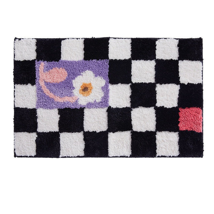 Black and White Checkerboard Bath Mat, Blue Flower Bathroom Rug, Soft Plush Water-Absorbent