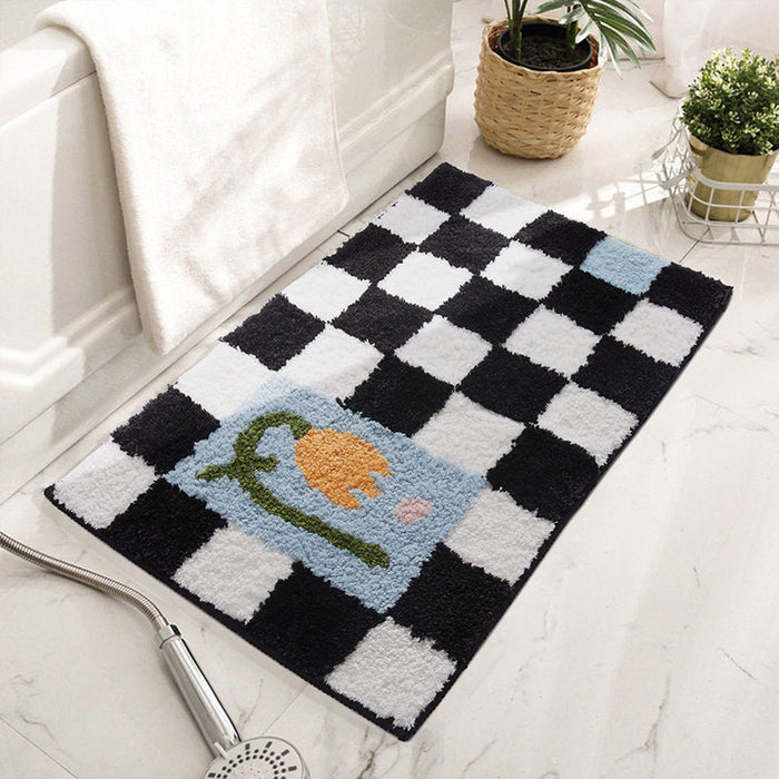 Black and White Checkerboard Bath Mat, Blue Flower Bathroom Rug, Soft Plush Water-Absorbent