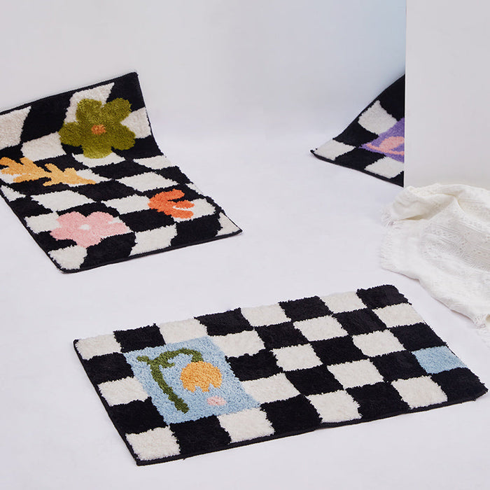 Black and White Checkerboard Bath Mat, Blue Flower Bathroom Rug, Soft Plush Water-Absorbent