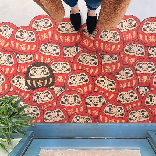 Japanese Style PVC Entrance Door Mat, Red Black Daruma Mat for Front Door Patio, Cute Home Decor