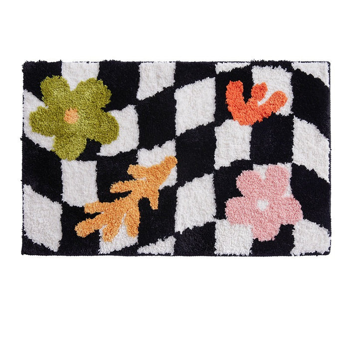 Black and White Checkerboard Bath Mat, Blue Flower Bathroom Rug, Soft Plush Water-Absorbent