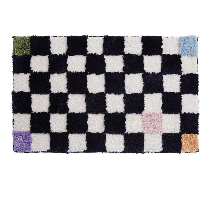 Black and White Checkerboard Bath Mat, Blue Flower Bathroom Rug, Soft Plush Water-Absorbent