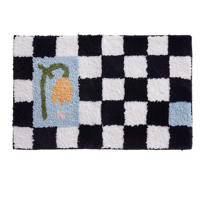 Black and White Checkerboard Bath Mat, Blue Flower Bathroom Rug, Soft Plush Water-Absorbent