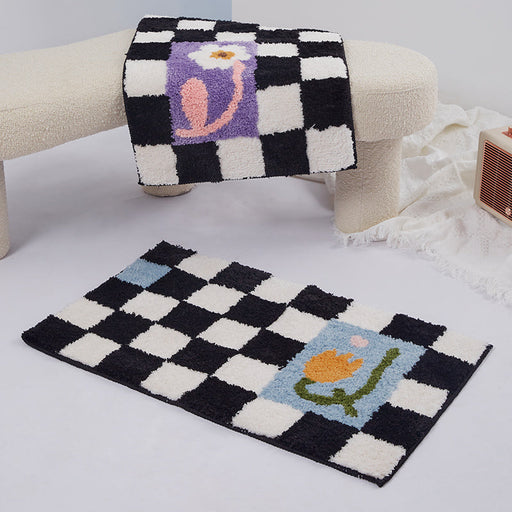 Black and White Checkerboard Bath Mat, Blue Flower Bathroom Rug, Soft Plush Water-Absorbent