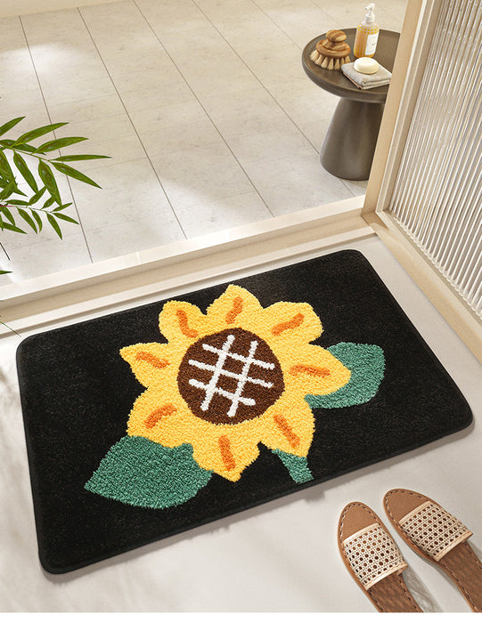 Feblilac Black Big Sunflower Tufted Bath Mat