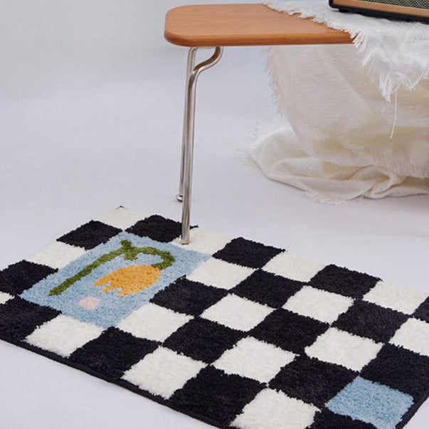 Black and White Checkerboard Bath Mat, Blue Flower Bathroom Rug, Soft Plush Water-Absorbent