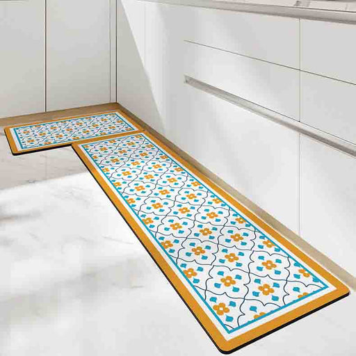 Feblilac Orange and Blue Flower Geometric Pattern PVC Leather Kitchen Mat