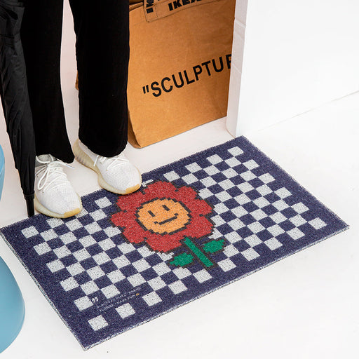 Red Floret and Black Check Door Mat