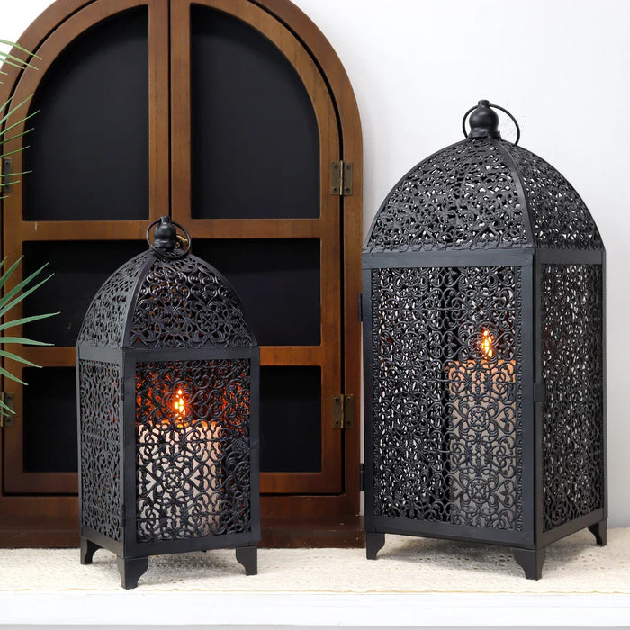 2Pcs Metal Candle Holder Black Candle Lantern Decorative Hanging Lantern with Hollow Pattern for Party Garden Indoors Outdoors