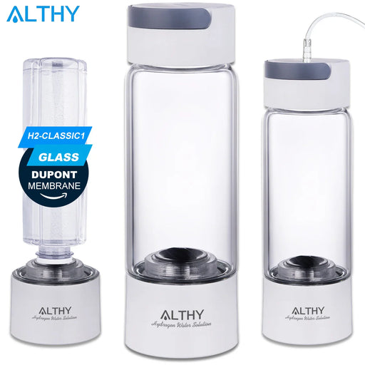 ALTHY Molecular Hydrogen Rich Water Generator Bottle - Glass Cupbody - DuPont SPE PEM Dual Chamber lonizer- H2 Inhalation Device