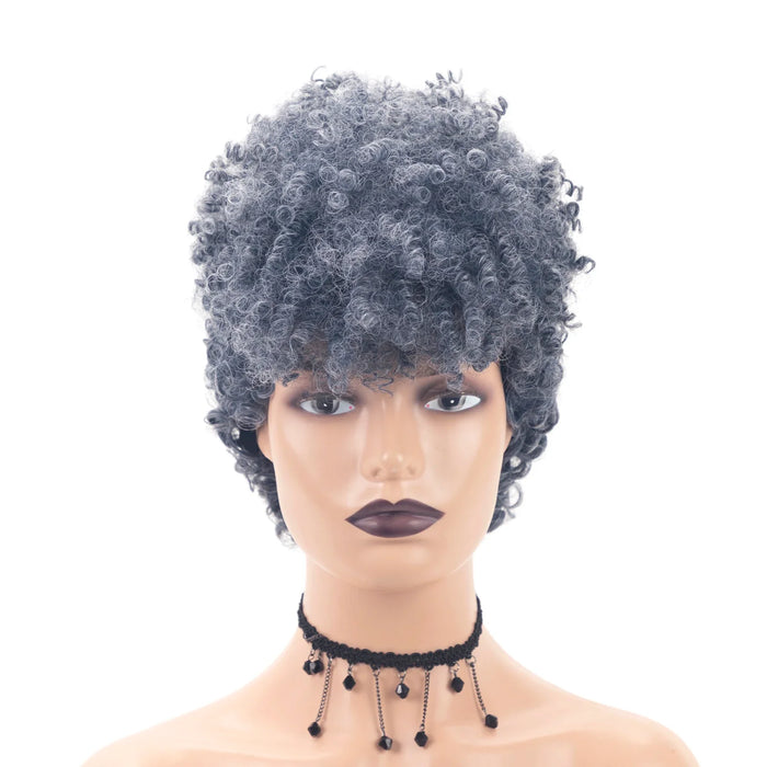 Short Afro Kinky Curly Wig with Bangs Synthetic African Glueless Fluffy Natural Grey Ombre Curly Pixie Cut Women's Party Wig