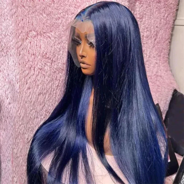 MXWIGS Dark Blue Color Soft Straight Synthetic 13X4 Lace Front Wig For Women Baby Hair 180%Density Glueless Preplucked  Cosplay