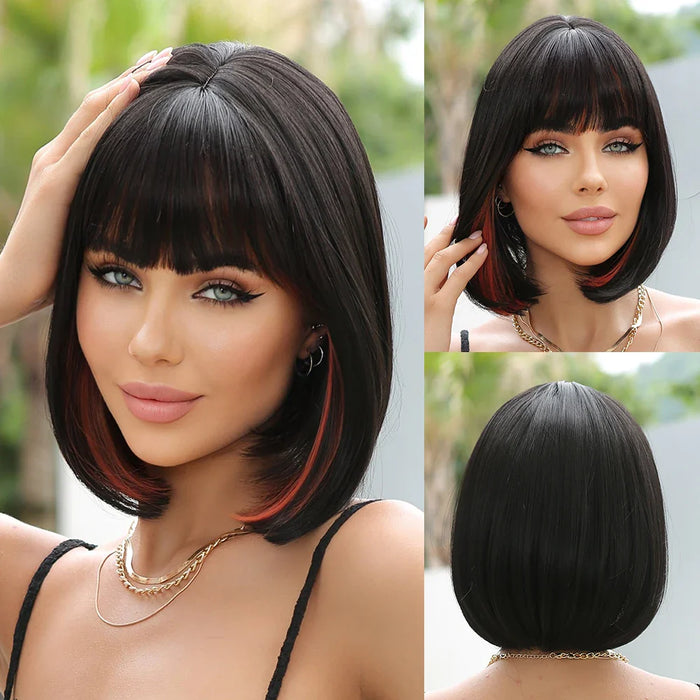 14" Soft Straight Pink Wig With Dark Roots  Synthetic Wigs With Bangs Female Bob Wigs For Women Daily Party Cosplay Use