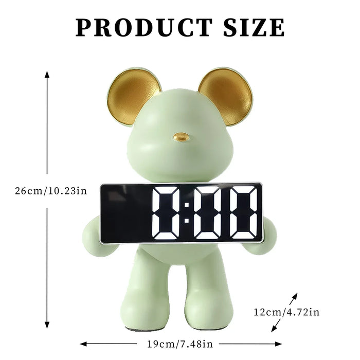 Creative Resin Miniature Bear Clock Figurines Table Ornament Bear Animal Model LED Alarm Battery/Plug-in Use for Home Decor