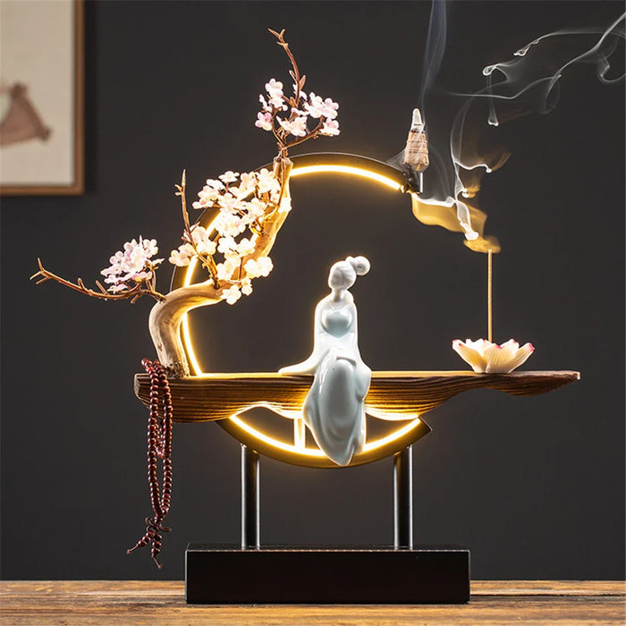 Ceramic Maid Wood Backflow Incense Burner with 20 cone USB Led Light Circle Lotus Buddha Beads Home Office Decoration Furnishing