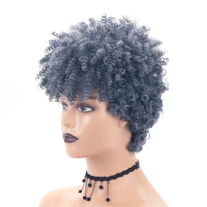 Short Afro Kinky Curly Wig with Bangs Synthetic African Glueless Fluffy Natural Grey Ombre Curly Pixie Cut Women's Party Wig