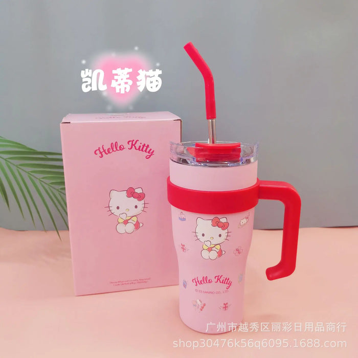 700/1200ml Sanrio Hello Kitty Cinnamoroll Thermos Cup Straw Cup with Handle Cartoon High Capacity Stainless Steel Water Cup Gift