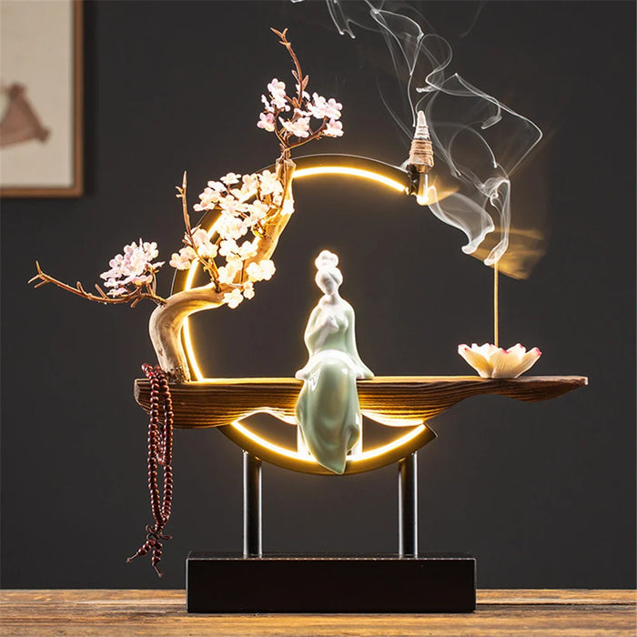 Ceramic Maid Wood Backflow Incense Burner with 20 cone USB Led Light Circle Lotus Buddha Beads Home Office Decoration Furnishing