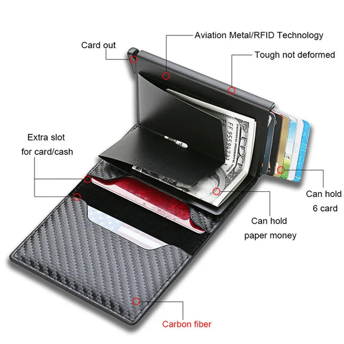 Carbon Fiber Slim Aluminum Men Wallet ID Credit Card Holder Mini RFID Wallet Automatic Pop up Bank Card Case Black Vallet 2023