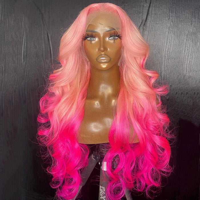 26Inch Ombre Pink Color Transparent Synthetic Lace Front Wig Drag Queen Loose Wave Highlight Cosplay Glueless Women's Lace Wigs