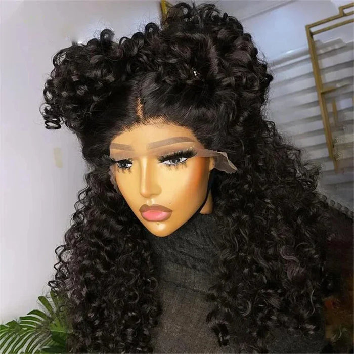 QW26"Long Black 180%Density Soft Kinky Curly Lace Front Wigs For Women Baby Hair Preplucked Daily Wear Glueless Synthetic Wigs