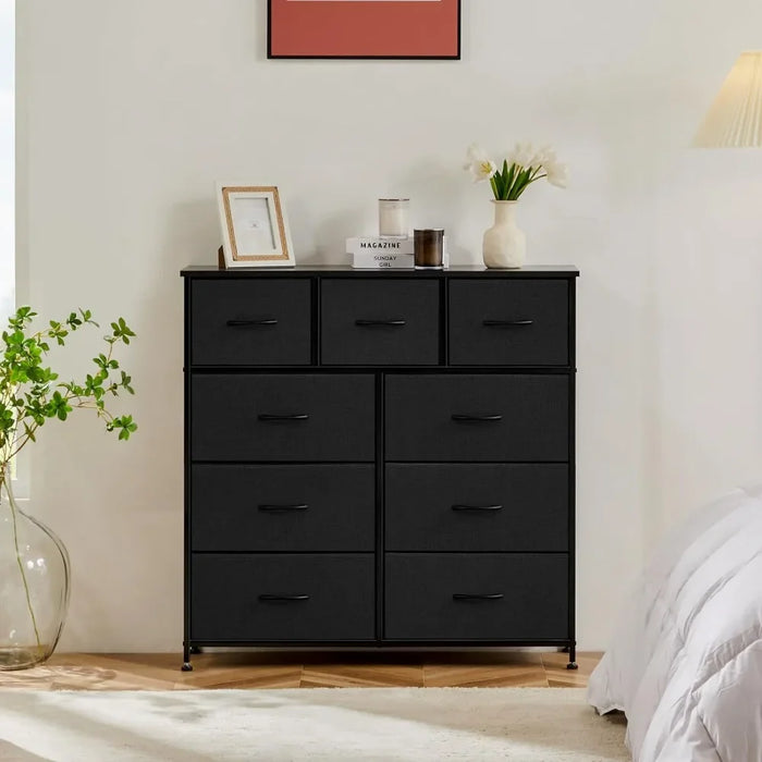 Dresser with 9 Drawers for Bedroom Fabric Storage Tower, Organizer Unit Sturdy Steel Frame, Wooden Top & Easy Pull