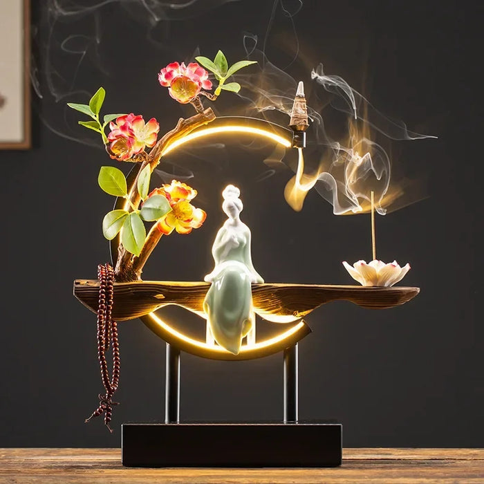 FY Chinese Style Backflow Incense Burner Plug-in LED Light with Iron Frame Incense Sticks Holder Big Size Home Decor Ornaments