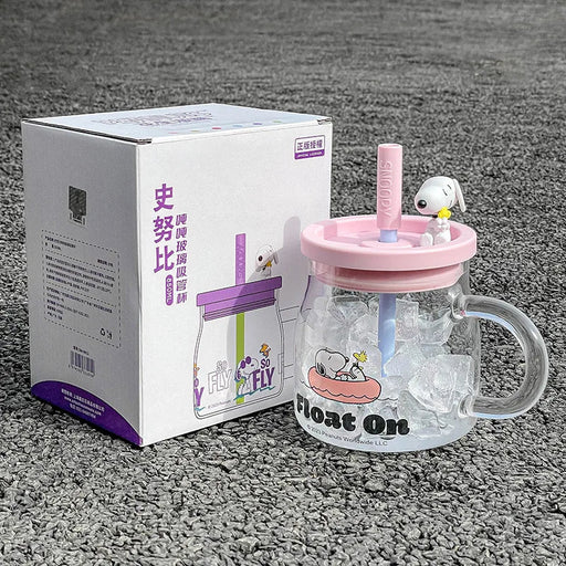 850ML Anime Snoopy Straw Cup with Handle Glass Cup Home Boiling Water Cup Women's Large Capacity Cup Straw Cute Coffee Milk Cup