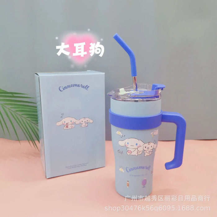 700/1200ml Sanrio Hello Kitty Cinnamoroll Thermos Cup Straw Cup with Handle Cartoon High Capacity Stainless Steel Water Cup Gift