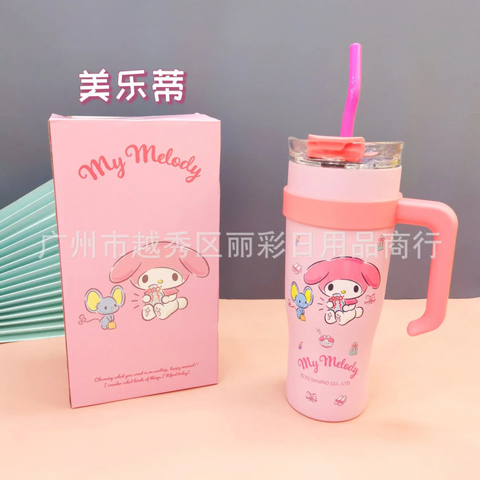 700/1200ml Sanrio Hello Kitty Cinnamoroll Thermos Cup Straw Cup with Handle Cartoon High Capacity Stainless Steel Water Cup Gift