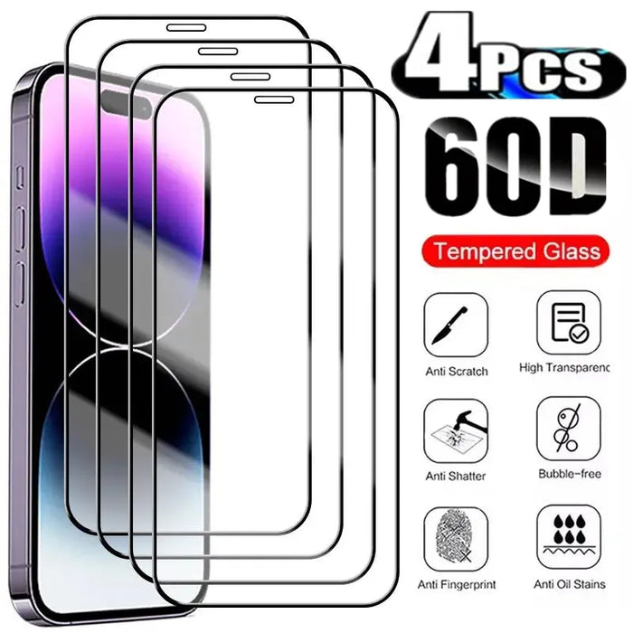 4PCS 60D Full Cover Protective Glass For IPhone 15 11 X XR XS MAX 6 7 8 Plus Screen Protectors On iPhone 13 12 Mini 14 Pro Glass