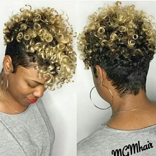 Short Afro Kinky Curly Wig with Bangs Synthetic African Glueless Fluffy Natural Grey Ombre Curly Pixie Cut Women's Party Wig