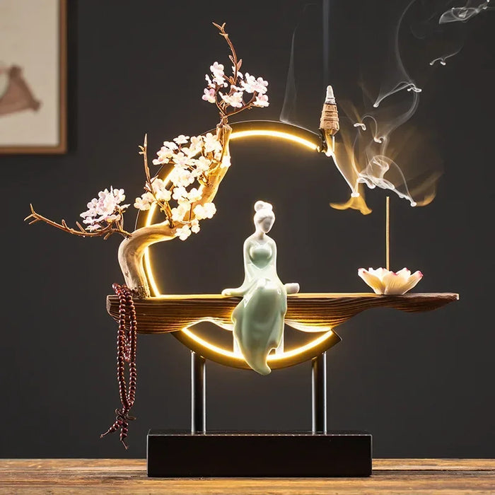 FY Chinese Style Backflow Incense Burner Plug-in LED Light with Iron Frame Incense Sticks Holder Big Size Home Decor Ornaments