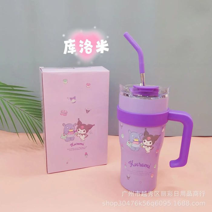 700/1200ml Sanrio Hello Kitty Cinnamoroll Thermos Cup Straw Cup with Handle Cartoon High Capacity Stainless Steel Water Cup Gift