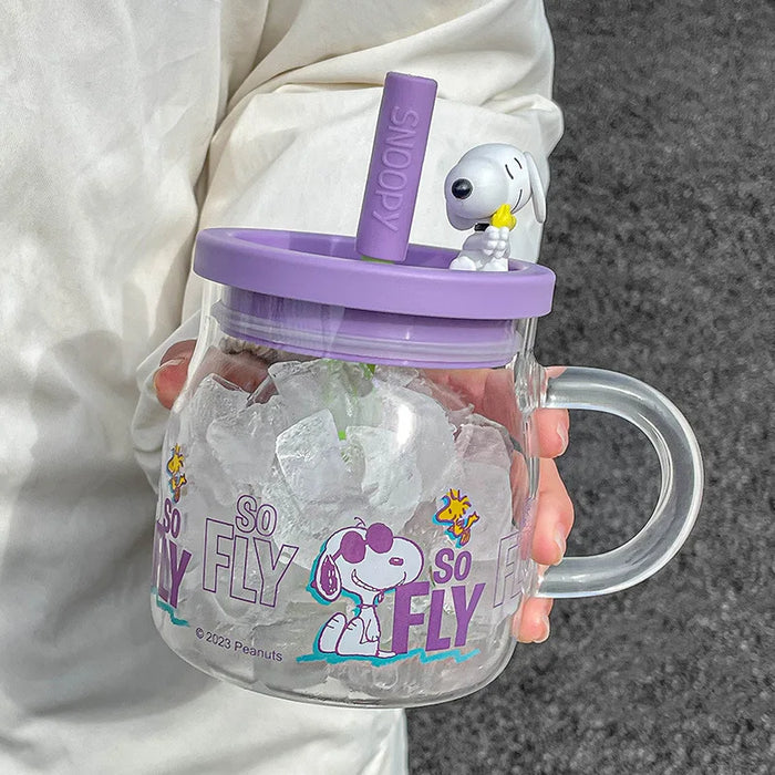 850ML Anime Snoopy Straw Cup with Handle Glass Cup Home Boiling Water Cup Women's Large Capacity Cup Straw Cute Coffee Milk Cup