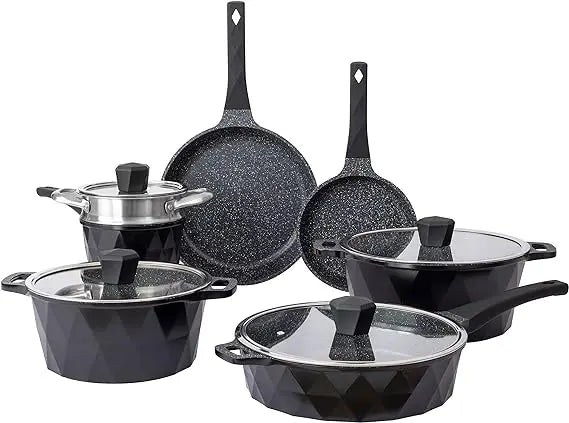 Country Kitchen Induction Cookware Sets - 13 Piece Nonstick Cast Aluminum Pots and Pans with BAKELITE Handles, Glass Lids (Navy)