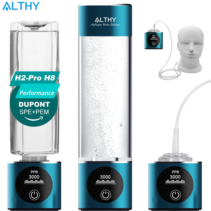 ALTHY Molecular Hydrogen Water Generator Bottle DuPont SPE+PEM Dual Chamber lonizer + PPB & Time Display + H2 Inhalation Device