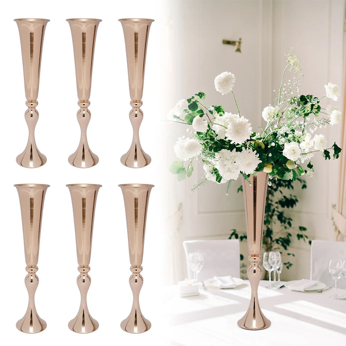 6Pcs Metal Trumpet Vases Desktop Metal Large and Tall Vases Flower Holder Gold Metal Flower Luxury Decoration Vase Centerpiece