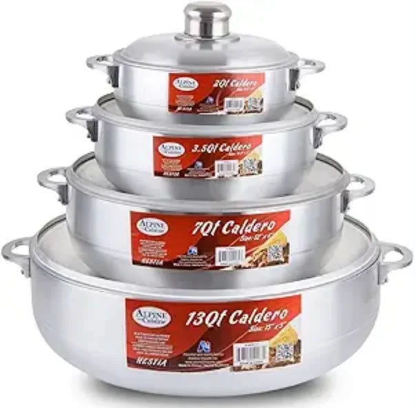 Alpine Cuisine 8 Piece Set Aluminum Non-Stick Caldero Stock Pot with Glass Lid, Commercial Grade Cooking Dutch Oven