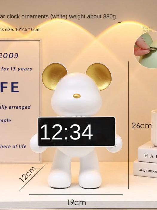 Creative Resin Miniature Bear Clock Figurines Table Ornament Bear Animal Model LED Alarm Battery/Plug-in Use for Home Decor