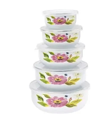 5Pcs/ enamel bowl Set Creative Flower Animal Enamel Bowls Salad Food Bowls with Plastic Covers for Home Kitchen ceramic bowl