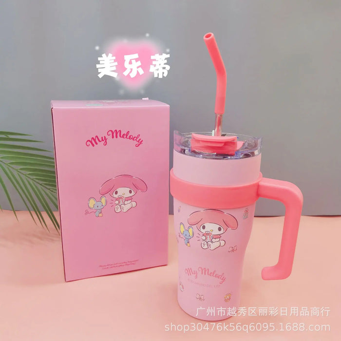 700/1200ml Sanrio Hello Kitty Cinnamoroll Thermos Cup Straw Cup with Handle Cartoon High Capacity Stainless Steel Water Cup Gift