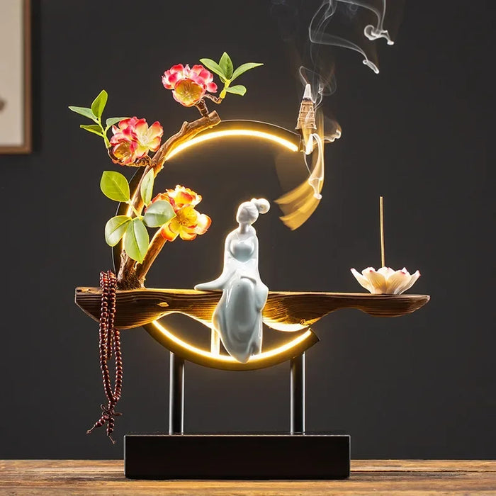 FY Chinese Style Backflow Incense Burner Plug-in LED Light with Iron Frame Incense Sticks Holder Big Size Home Decor Ornaments