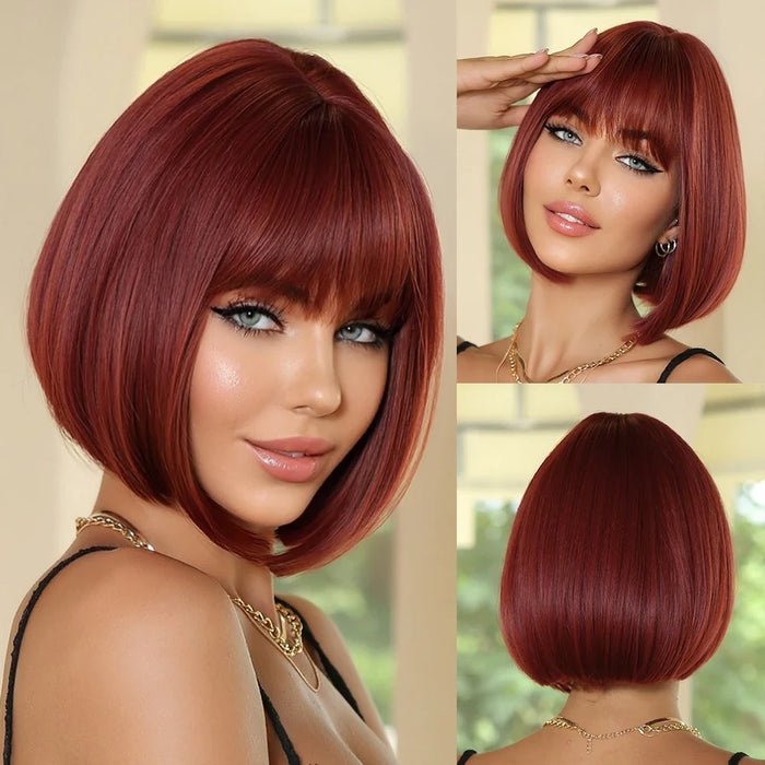 14" Soft Straight Pink Wig With Dark Roots  Synthetic Wigs With Bangs Female Bob Wigs For Women Daily Party Cosplay Use