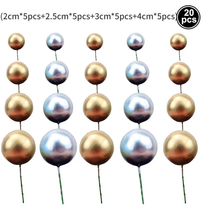 20Pcs Cake Topper Gold Silver Ball Happy Birthday Cake Topper DIY Cupcake Flag Wedding Christmas Ball Decor Birthday Decoration